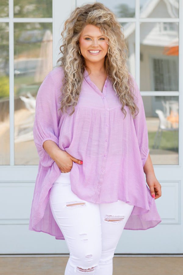 Chic Soul plus size clothing, lavender button down flowy top with bubble sleeves