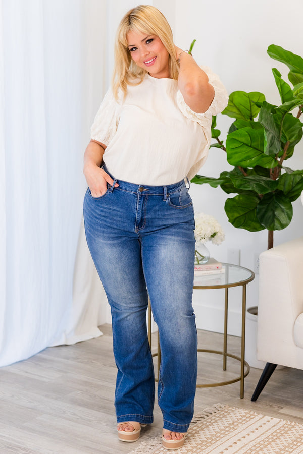 Chic Soul plus size clothing, medium wash flare denim jeans