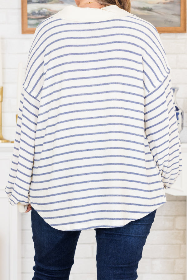 Chic Soul plus size clothing, long-sleeve navy and white striped collared top