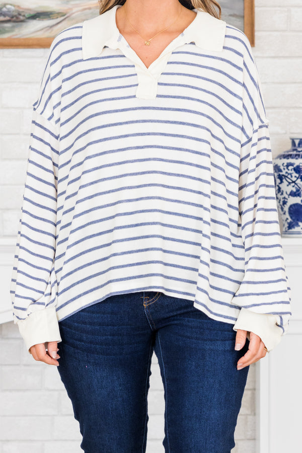 Chic Soul plus size clothing, long-sleeve navy and white striped collared top