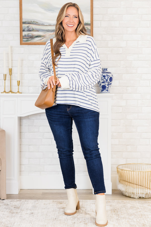 Chic Soul plus size clothing, long-sleeve navy and white striped collared top