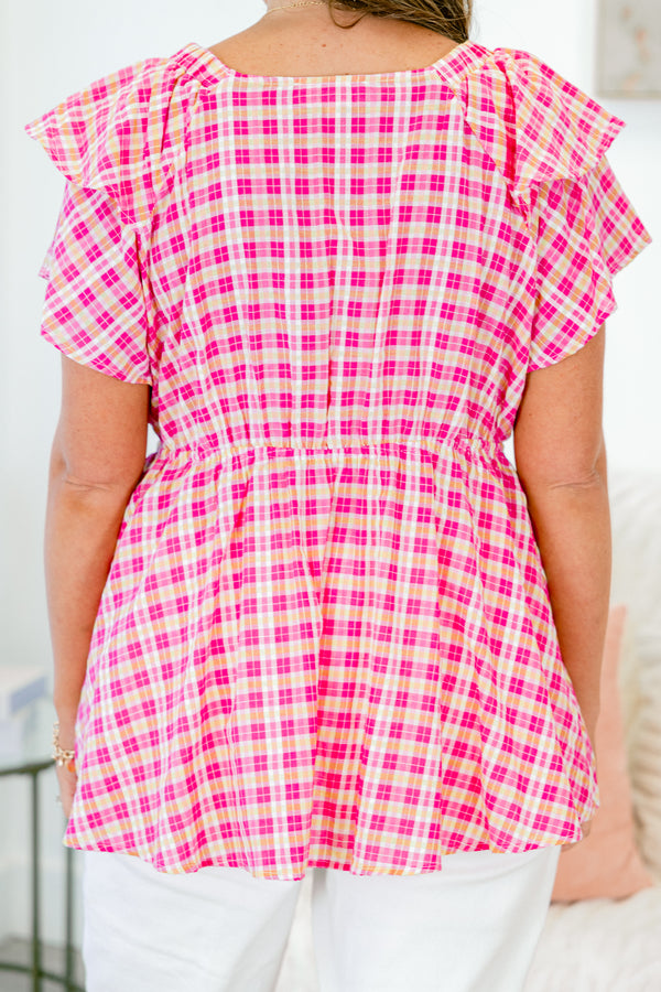 Chic Soul plus size clothing, fuchsia short sleeve gingham top with synch waist detail with v neck and ruffle along sleeves and neckline