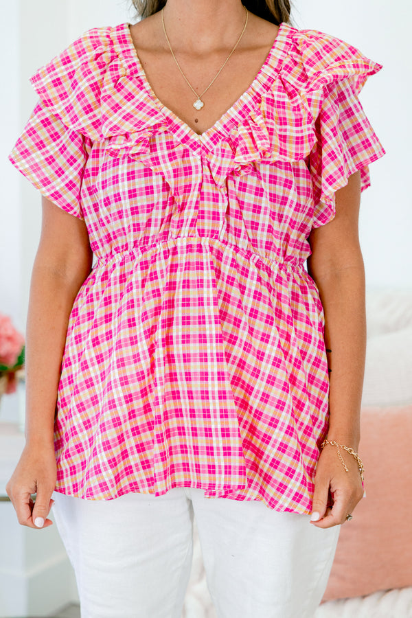 Chic Soul plus size clothing, fuchsia short sleeve gingham top with synch waist detail with v neck and ruffle along sleeves and neckline