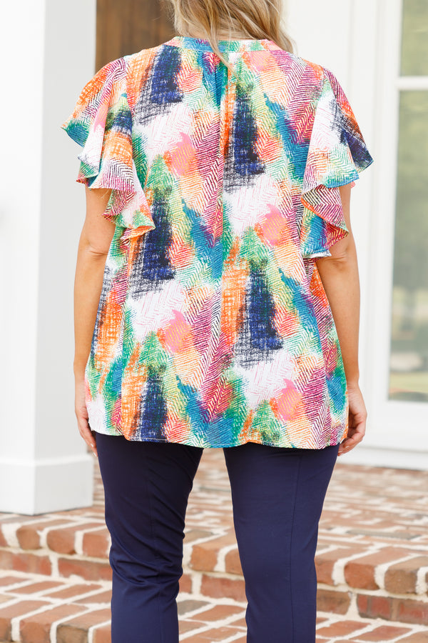 Chic Soul plus size clothing, multicolor abstract pattern top with flutter sleeves and a v neck with button details