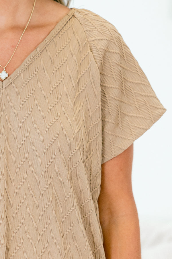 Chic Soul plus size clothing, taupe top with textured fabric and flutter sleeves