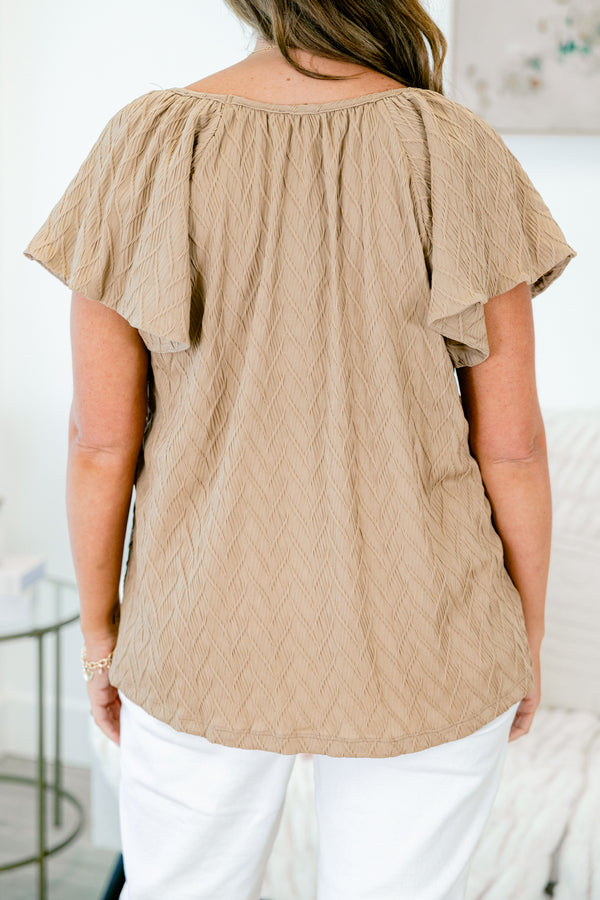 Chic Soul plus size clothing, taupe top with textured fabric and flutter sleeves