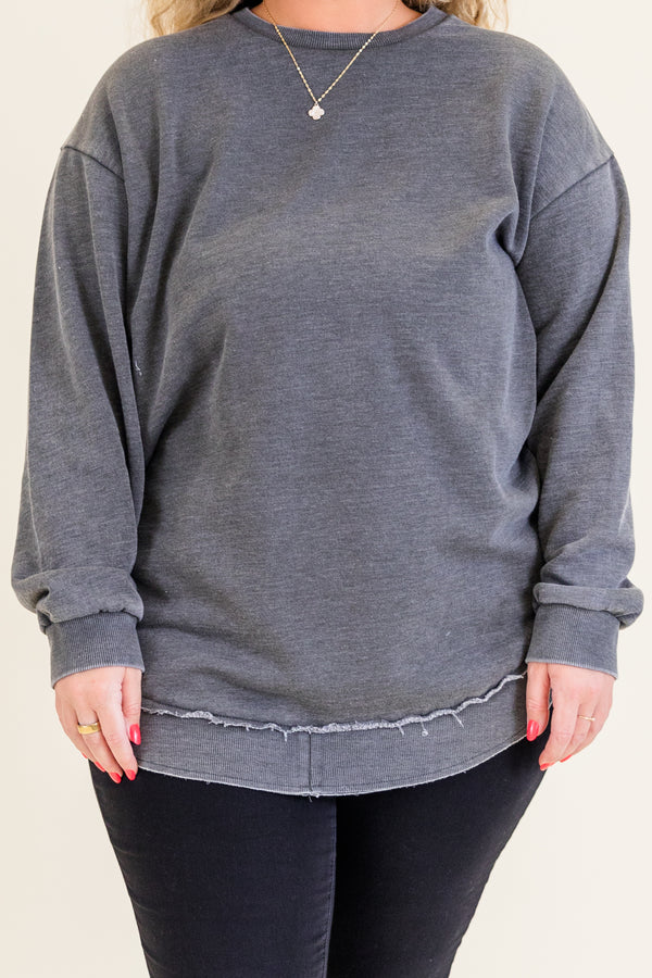 Chic Soul plus size clothing, long-sleeve crewneck charcoal tunic with distressed stitching 