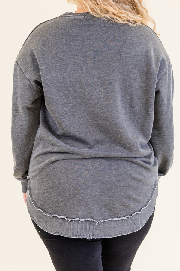Chic Soul plus size clothing, long-sleeve crewneck charcoal tunic with distressed stitching 