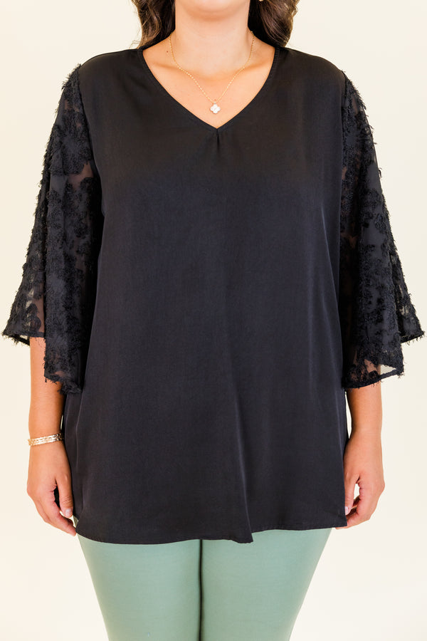 Chic Soul plus size clothing, short-sleeve black top with v-neckline and black lace sleeves with abstract stitching details