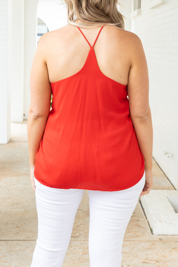 Chic Soul plus size clothing, red flowy tank with a pleated neckline and racer back design