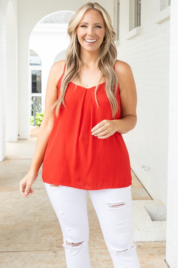 Chic Soul plus size clothing, red flowy tank with a pleated neckline and racer back design