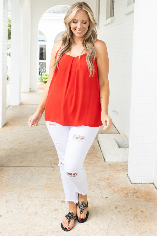 Chic Soul plus size clothing, red flowy tank with a pleated neckline and racer back design