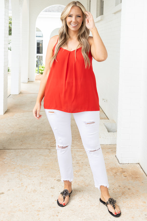 Chic Soul plus size clothing, red flowy tank with a pleated neckline and racer back design