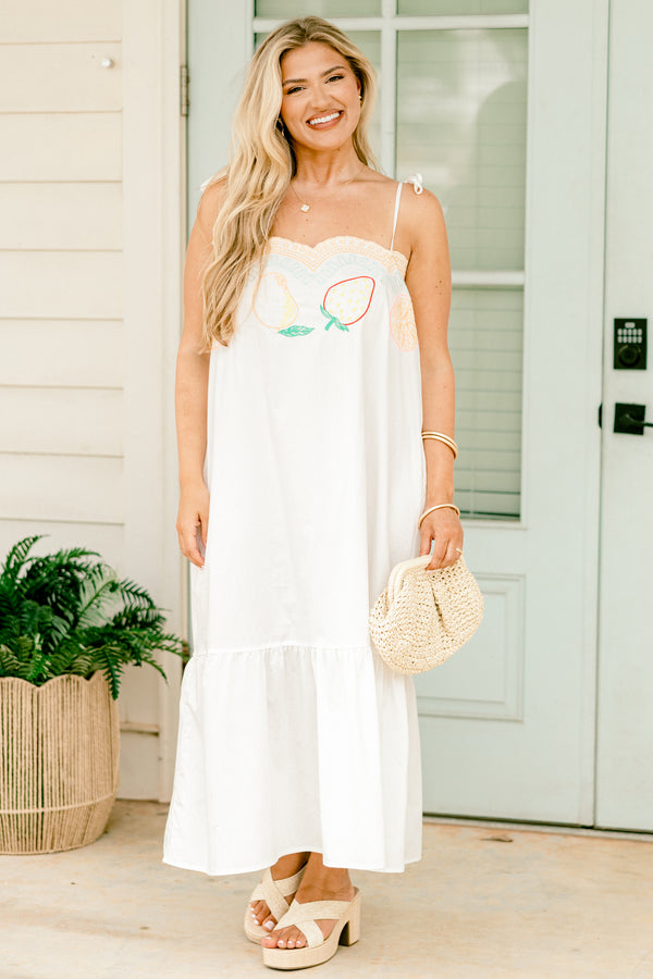 Chic Soul Plus size clothing, white sleeveless midi dress with a scalloped neckline and embroidered fruit details and designs on the chest 