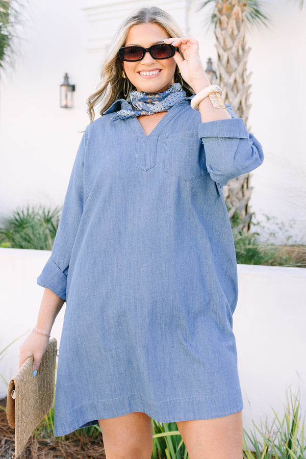 Chic Soul plus size clothing, denim long sleeve straight cut shift dress with v neck cutout 