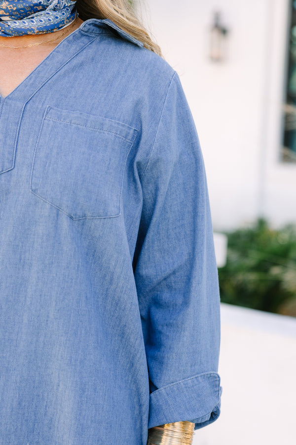 Chic Soul plus size clothing, denim long sleeve straight cut shift dress with v neck cutout 