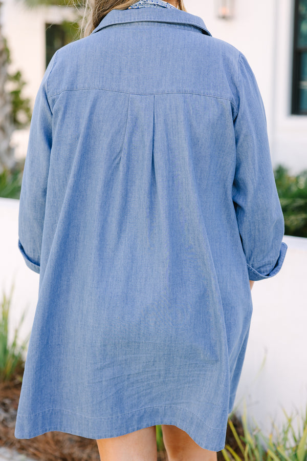 Chic Soul plus size clothing, denim long sleeve straight cut shift dress with v neck cutout 