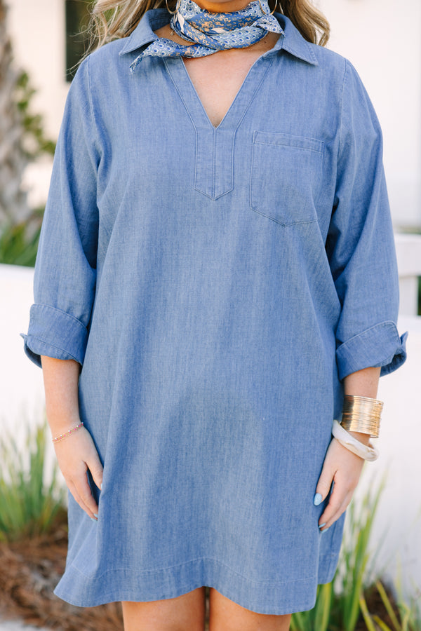 Chic Soul plus size clothing, denim long sleeve straight cut shift dress with v neck cutout 