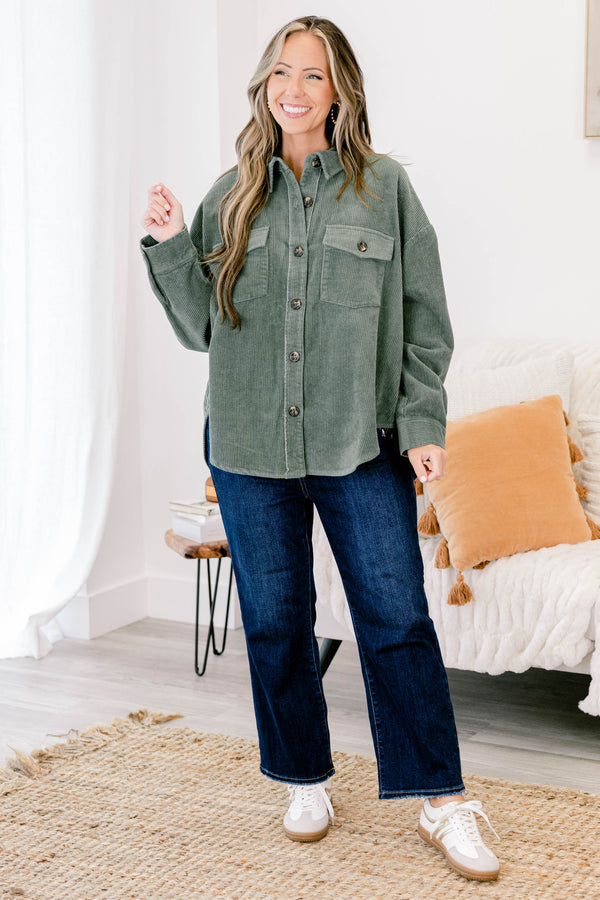 Chic Soul plus size clothing, olive green long sleeve corduroy button up shacket with 2 front pockets
