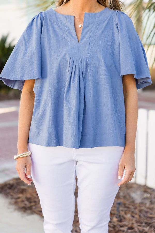 Chic Soul plus size clothing, short-sleeve blue flowy top with a split-v-neckline and cotton material 