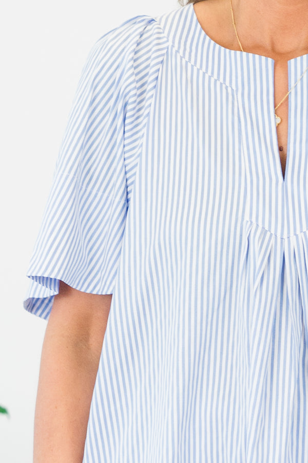 Chic Soul plus size clothing, short-sleeve blue striped top with a split-v-neckline and a flowy cut