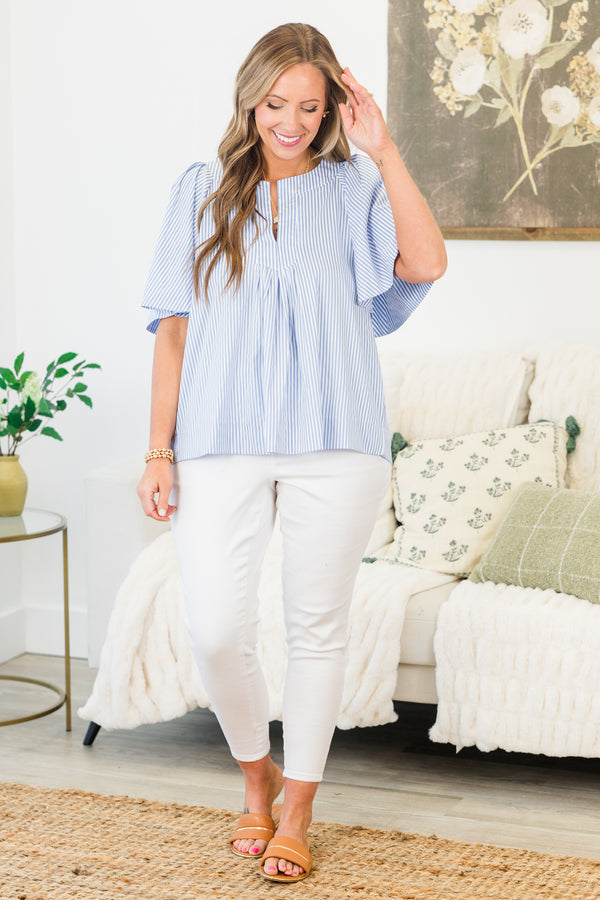 Chic Soul plus size clothing, short-sleeve blue striped top with a split-v-neckline and a flowy cut