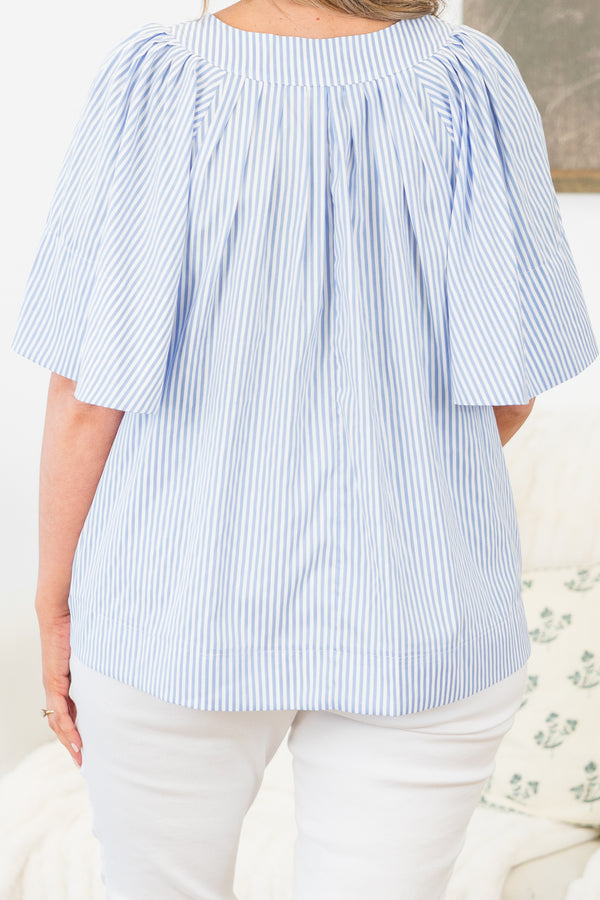 Chic Soul plus size clothing, short-sleeve blue striped top with a split-v-neckline and a flowy cut
