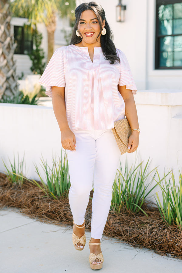 Chic Soul plus size clothing, brown and cream stripe top with bell sleeves a slight v-neckline 