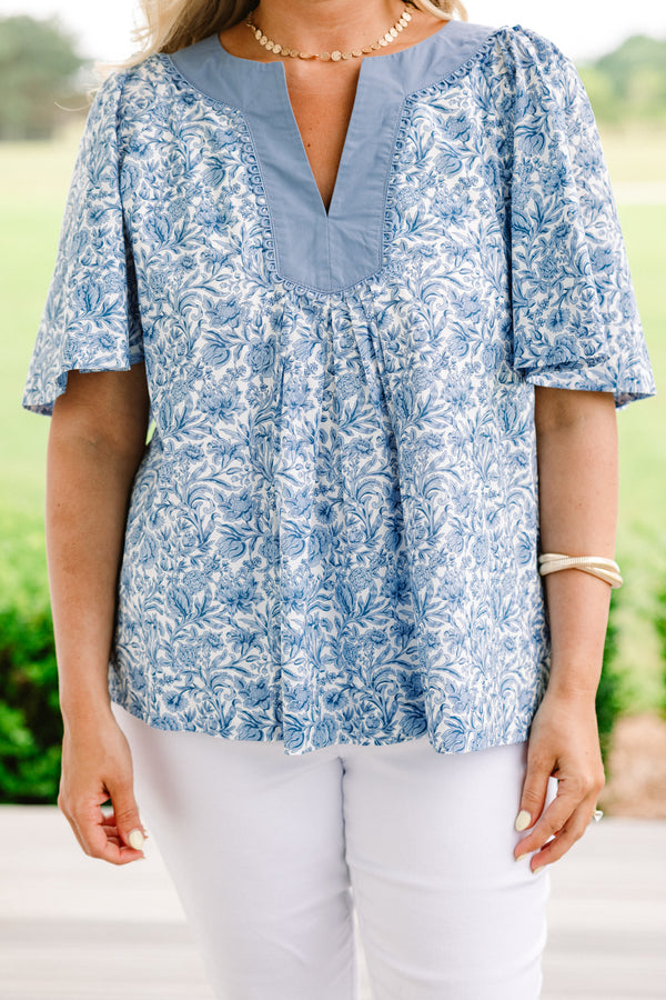 Chic Soul plus size clothing, light denim blue abstract floral half-flutter sleeve casual top with solid denim blue blocking around slit neckline