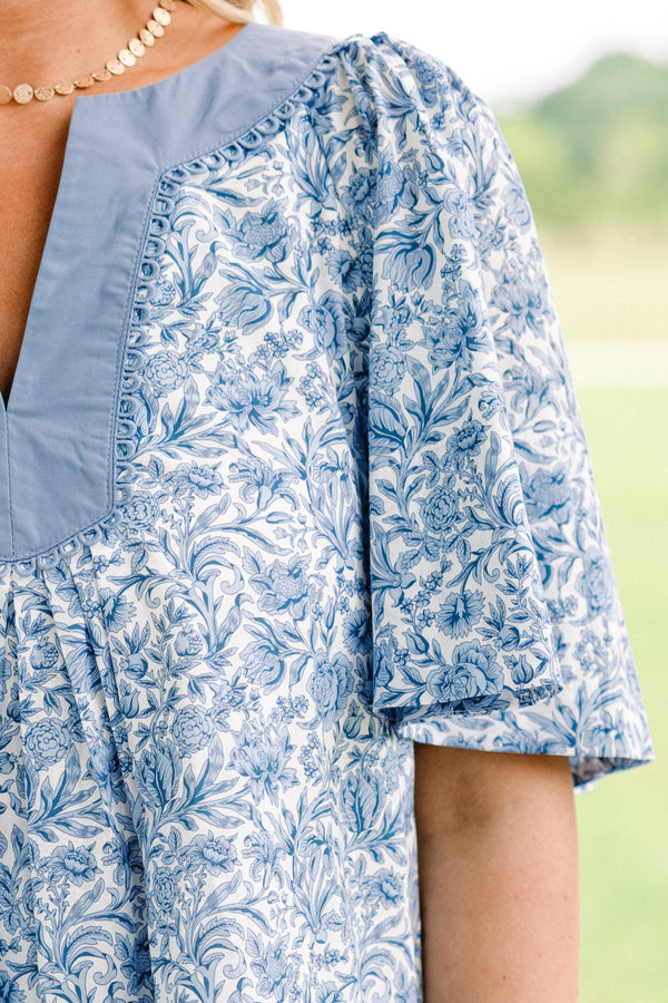 Chic Soul plus size clothing, light denim blue abstract floral half-flutter sleeve casual top with solid denim blue blocking around slit neckline