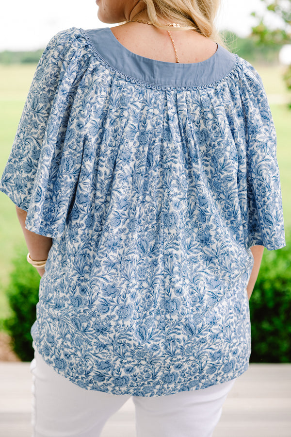Chic Soul plus size clothing, light denim blue abstract floral half-flutter sleeve casual top with solid denim blue blocking around slit neckline