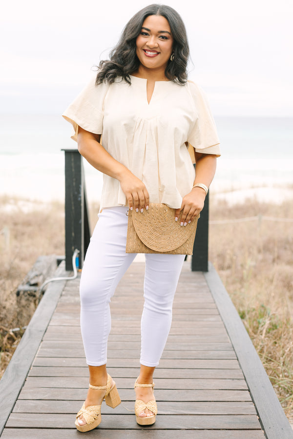 Chic Soul plus size clothing, light tan short bell sleeve top with v neckline cutout