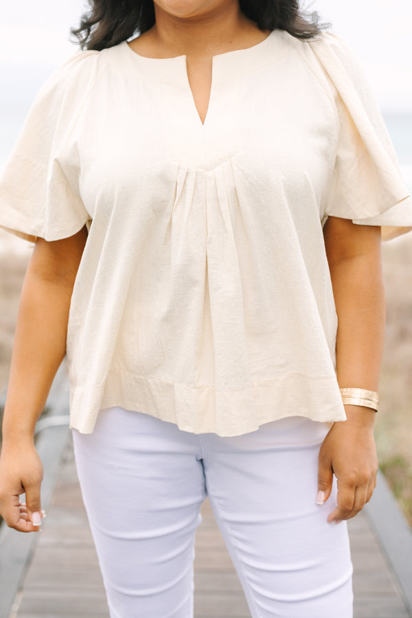 Chic Soul plus size clothing, light tan short bell sleeve top with v neckline cutout