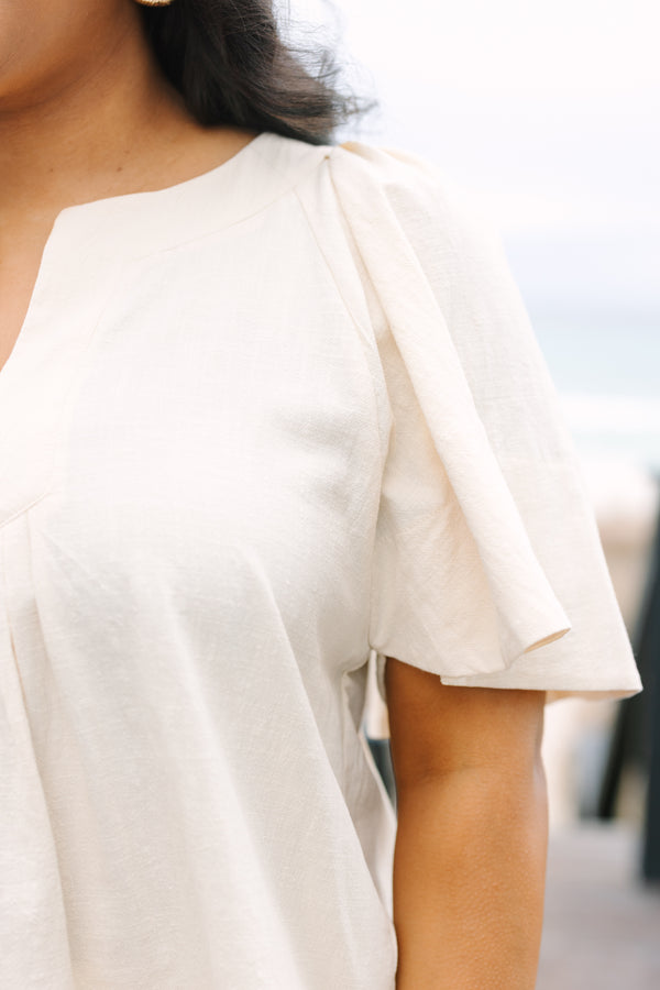 Chic Soul plus size clothing, light tan short bell sleeve top with v neckline cutout