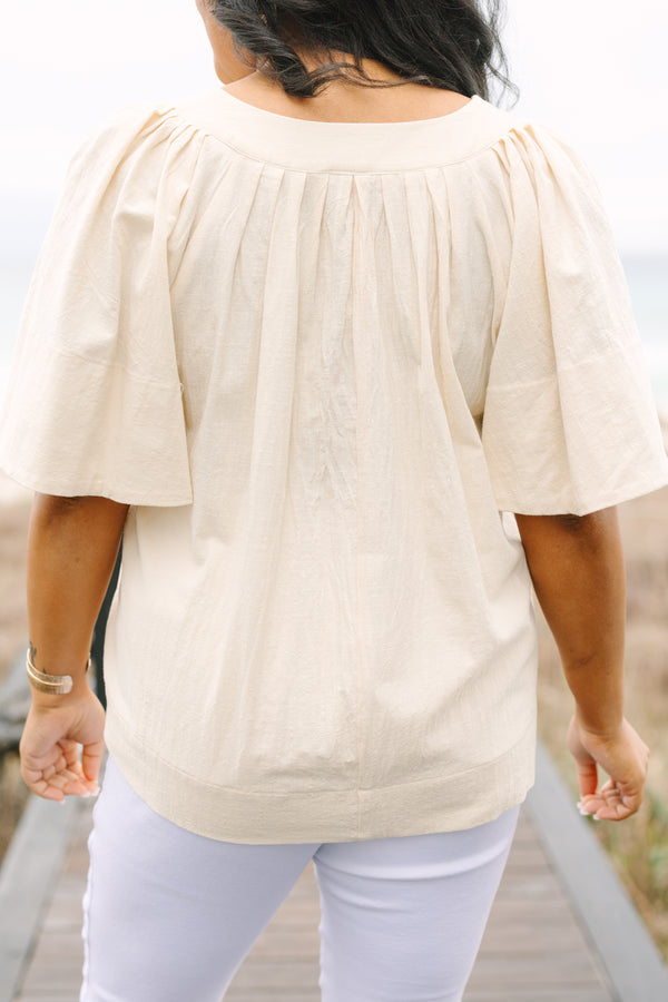 Chic Soul plus size clothing, light tan short bell sleeve top with v neckline cutout