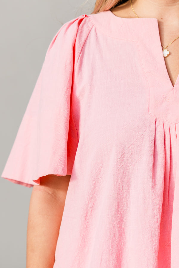 Chic Soul plus size clothing, short-sleeve flowy pink top with a split-v-neckline