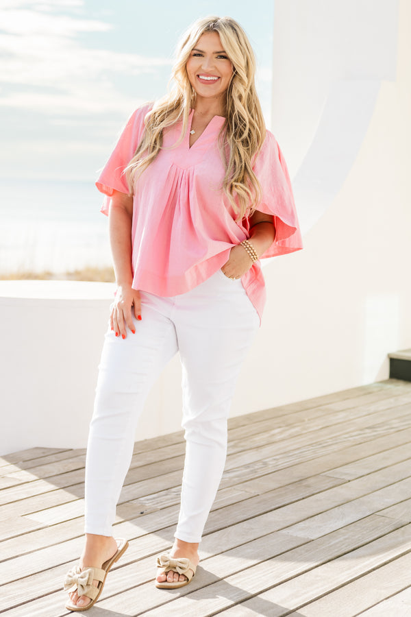 Chic Soul plus size clothing, short-sleeve flowy pink top with a split-v-neckline