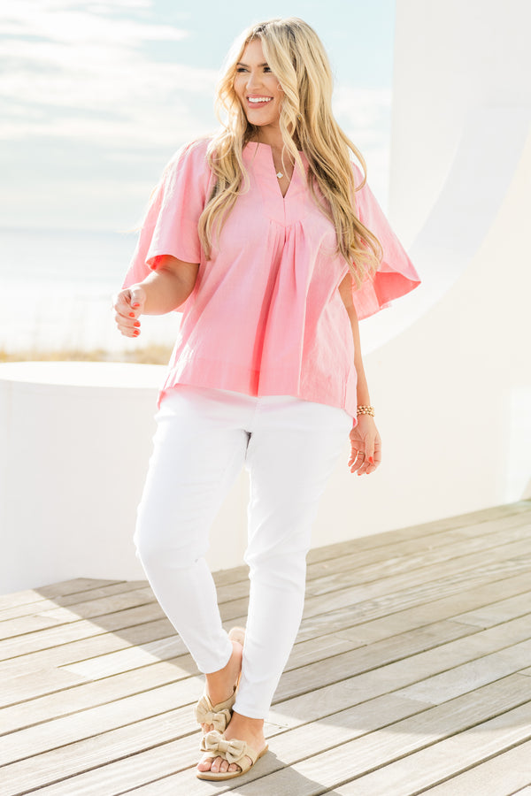 Chic Soul plus size clothing, short-sleeve flowy pink top with a split-v-neckline