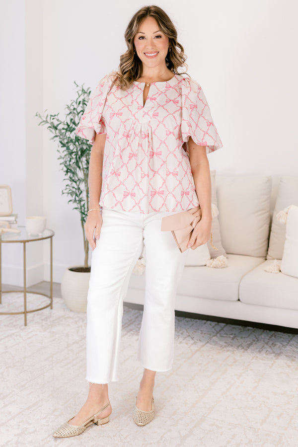 Chic Soul plus size clothing, pink bow pattern short bell sleeve baby doll top with v neckline cutout