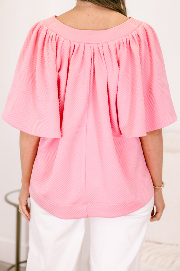 Chic Soul plus size clothing, short-sleeve pink textured top with a split-v-neckline and subtle smocking on the bodice 