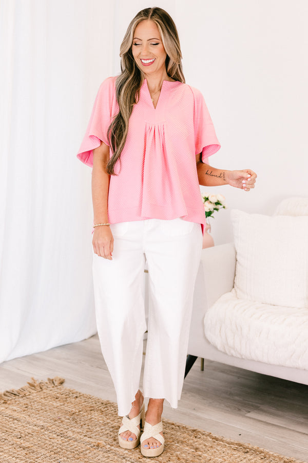 Chic Soul plus size clothing, short-sleeve pink textured top with a split-v-neckline and subtle smocking on the bodice 