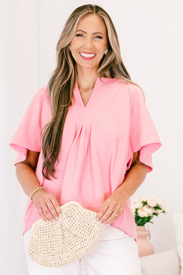 Chic Soul plus size clothing, short-sleeve pink textured top with a split-v-neckline and subtle smocking on the bodice 