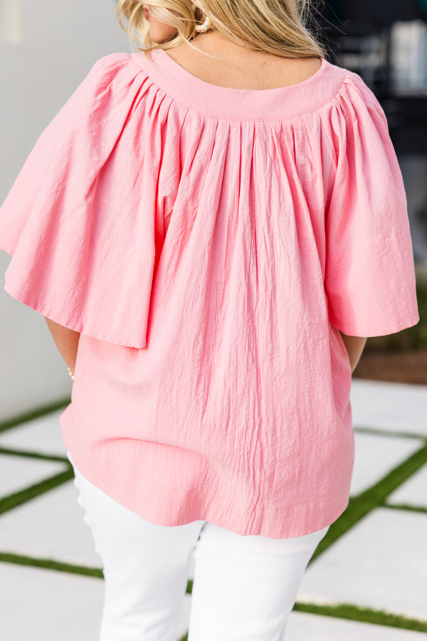 Chic Soul plus size clothing, short-sleeve flowy pink top with a split-v-neckline