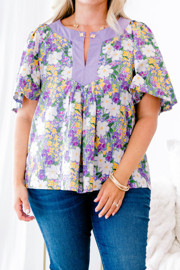Chic Soul plus size clothing, purple and yellow floral pattern short-flutter sleeve slit neckline casual top with solid light lilac color blocking around neckline