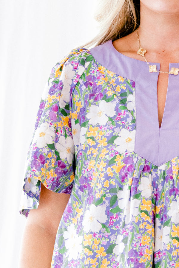 Chic Soul plus size clothing, purple and yellow floral pattern short-flutter sleeve slit neckline casual top with solid light lilac color blocking around neckline