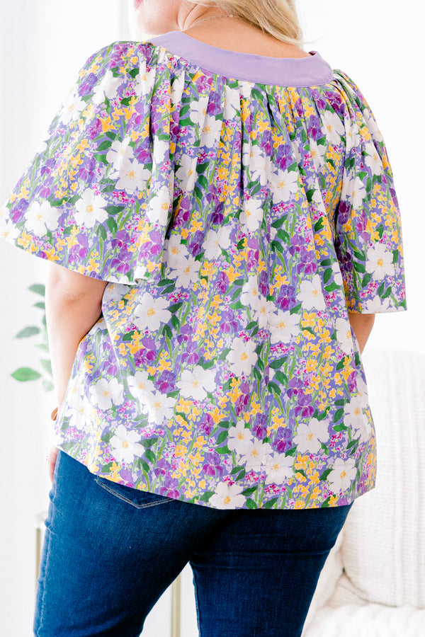 Chic Soul plus size clothing, purple and yellow floral pattern short-flutter sleeve slit neckline casual top with solid light lilac color blocking around neckline