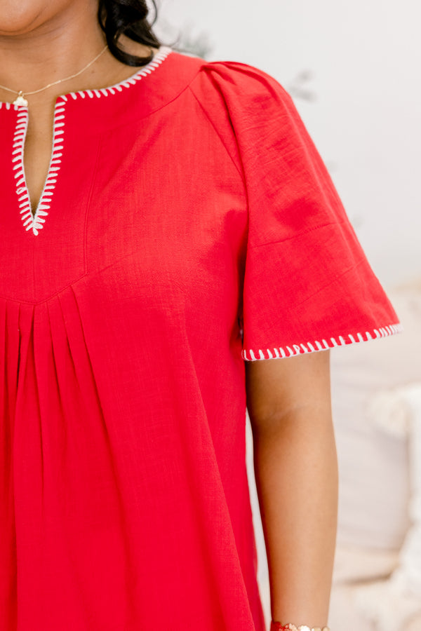 Chic Soul plus size clothing, red short sleeve top that has bell sleeves and white stitching details around the neckline and on the end of the sleeves 