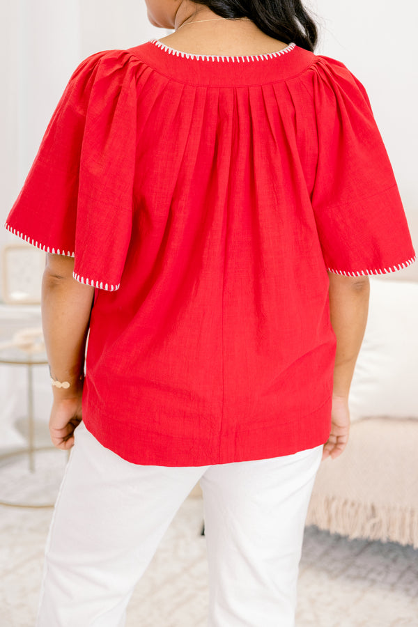 Chic Soul plus size clothing, red short sleeve top that has bell sleeves and white stitching details around the neckline and on the end of the sleeves 