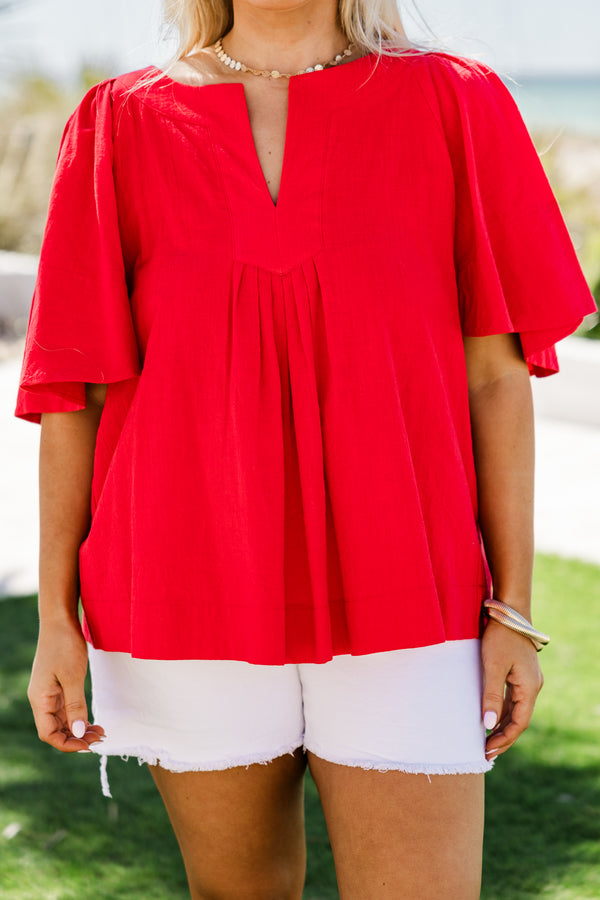 Chic Soul plus size clothing, short-puffed-sleeve bright red flowy top with a split-v-neckline 