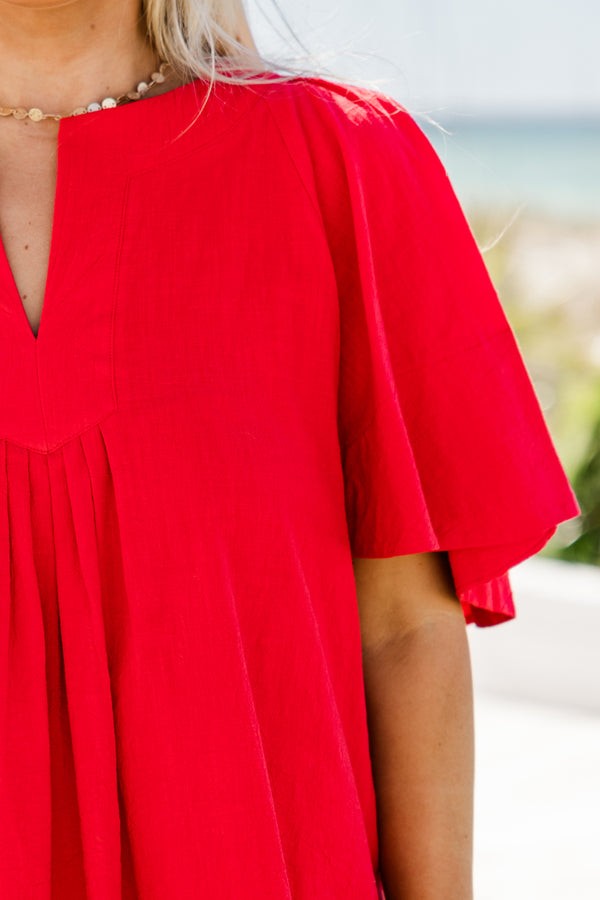 Chic Soul plus size clothing, short-puffed-sleeve bright red flowy top with a split-v-neckline 